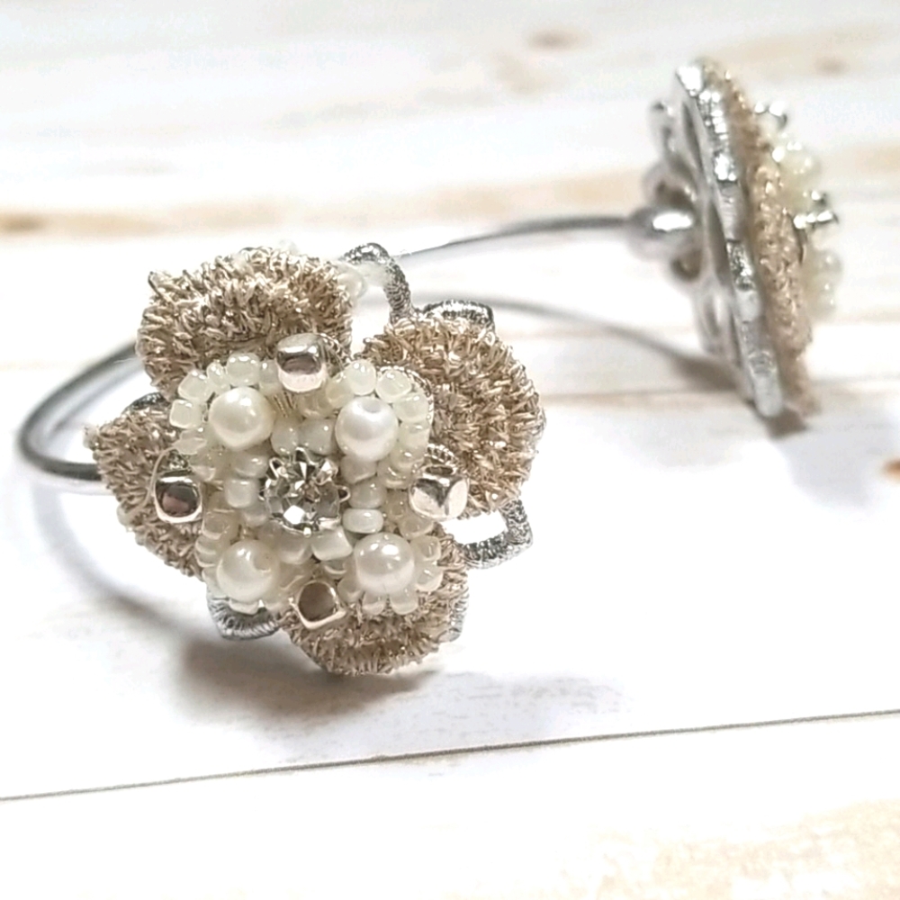 Fabric Flower and Faux Pearl Silvertone Bracelet